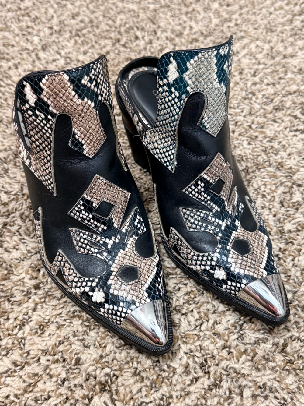 Gianni Bini Maerren Western Snake Print Mules with Metal Cap Toe - Size 6